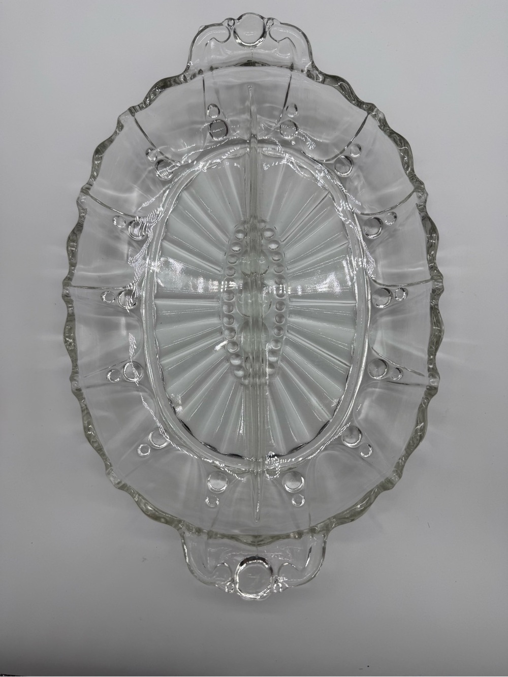 Vintage Anchor Hocking Oyster & Pearl clear Depression glass oval 2-part divided